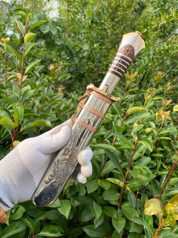 保安腰刀，大河家，飞鸟什样锦折花款式，黄河流水纹，白铜鞘子，餐刀