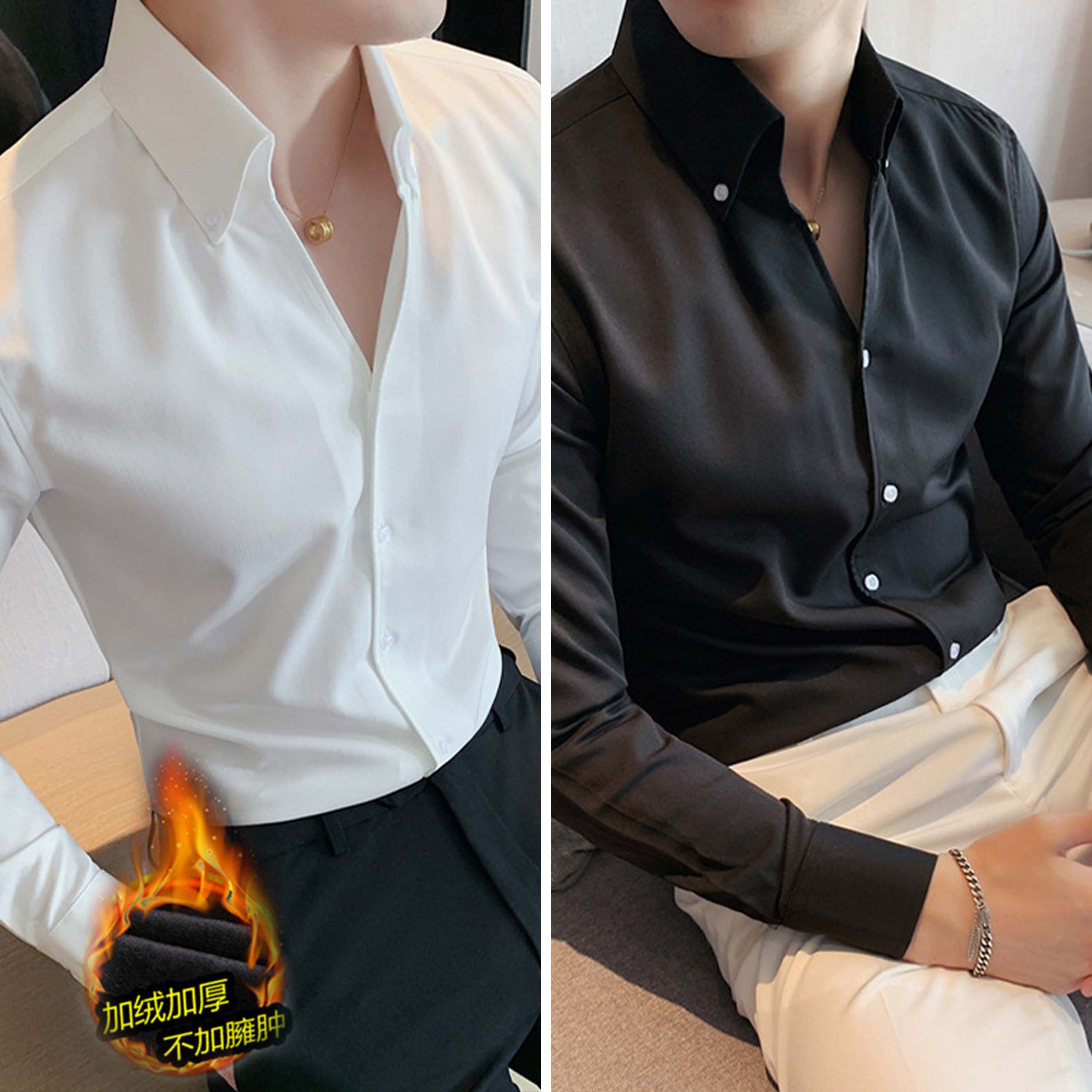 W-JR21高级感加厚加绒衬衣性感V领衬衫男长袖休闲立领保暖衬衣
