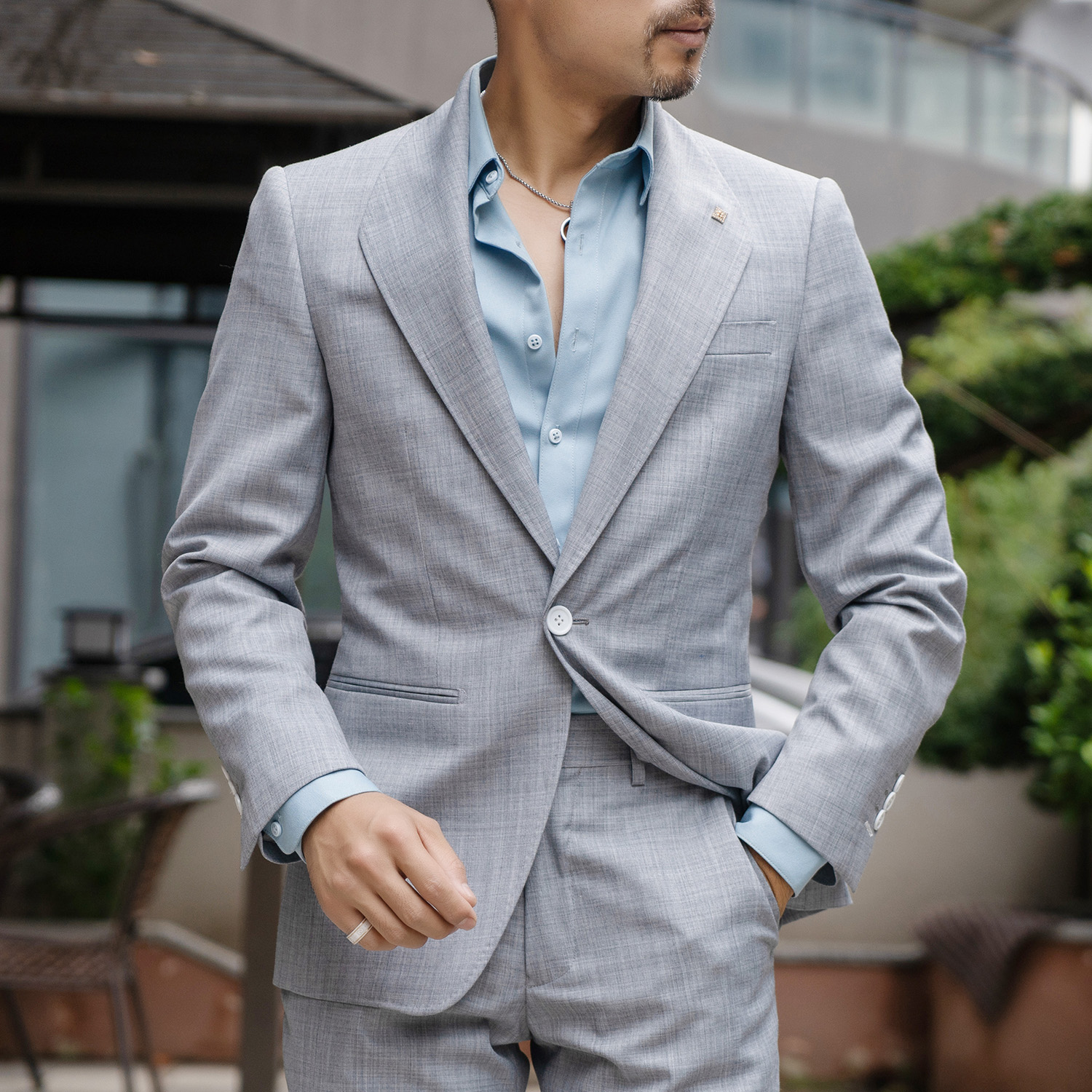 Q2324男个性西服职业正装休闲时尚纯色型男灰色L领西装韩版外套