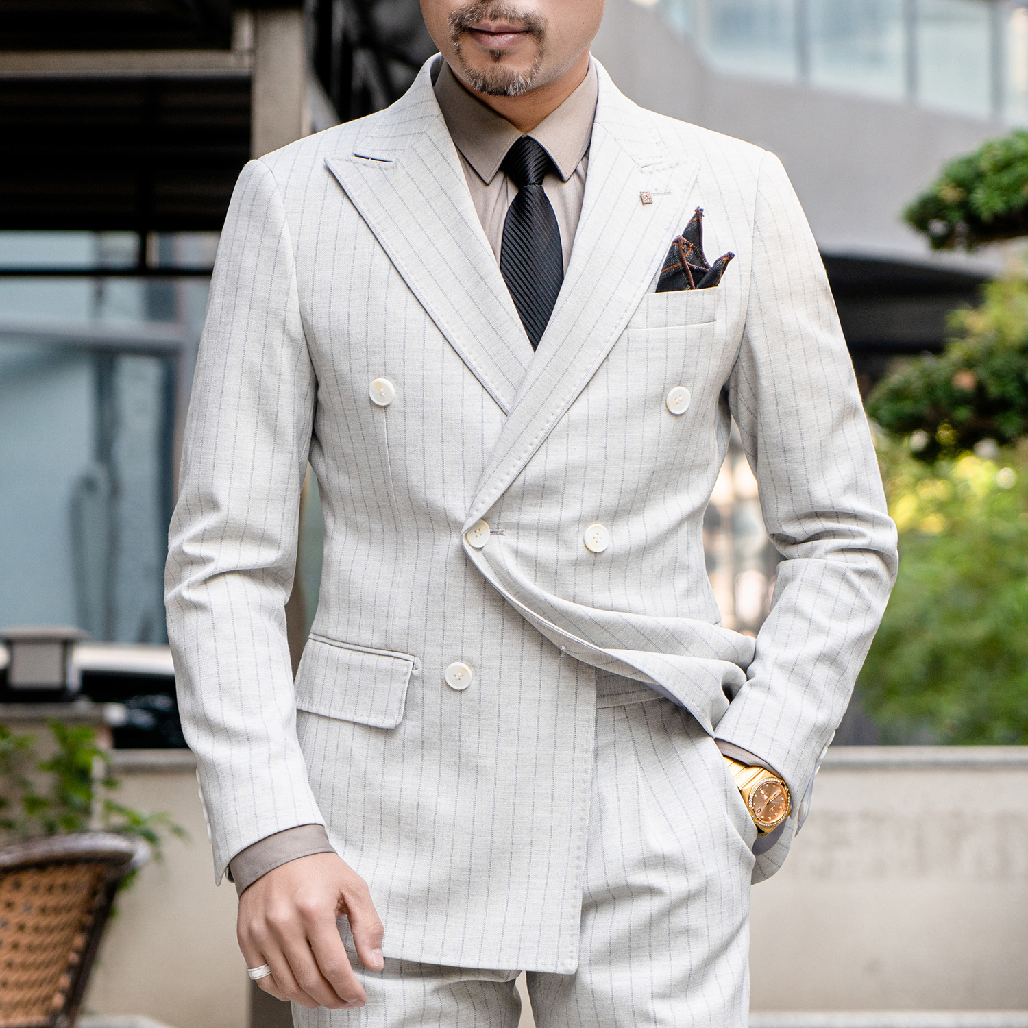 劲郎2383男士品质西服套装时尚韩版修身商务休闲米白色质感西装