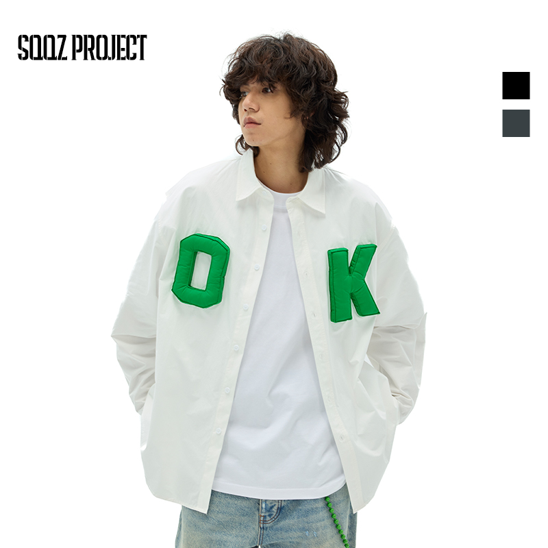 SQQZPROJECTOK立体塞棉字母长袖衬衫男女同款宽松休闲运动衬衣