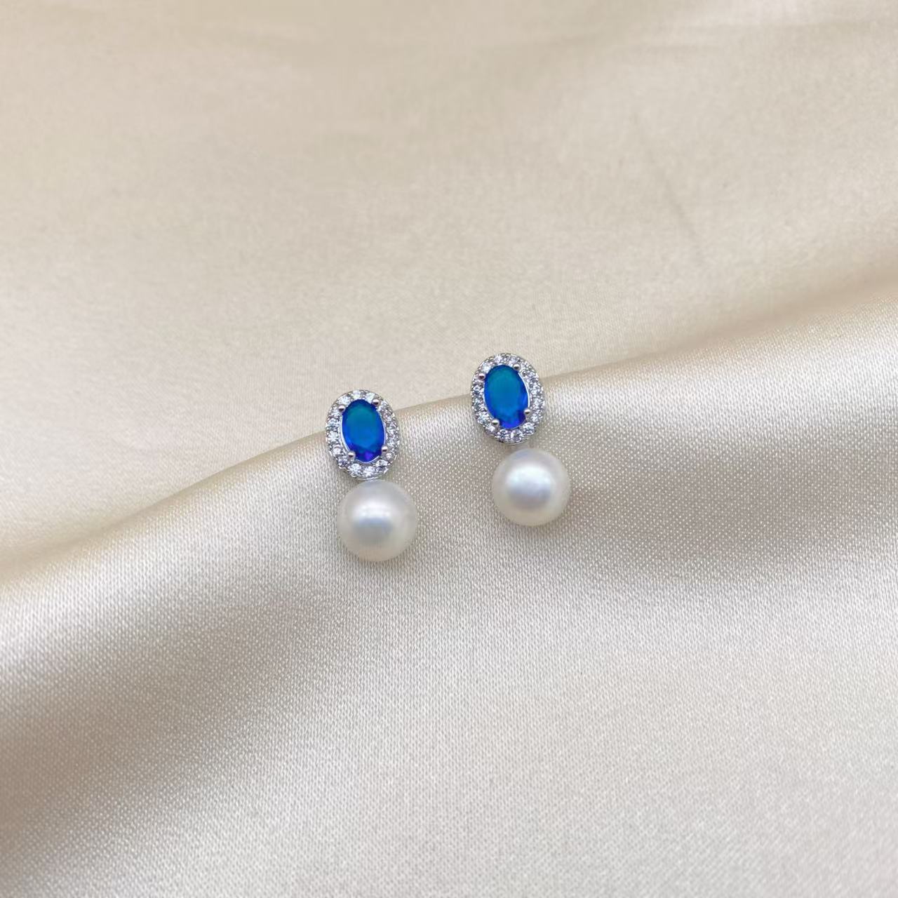 LH538【蓝色多瑙河珍珠耳钉】气质轻奢时尚百搭小众简约经典镶嵌