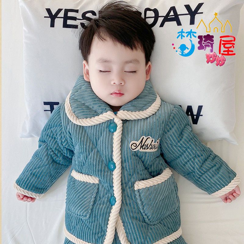 巴拉拉吧儿童睡衣男孩夹棉男童加绒套装三层女孩宝宝婴幼儿棉袄加