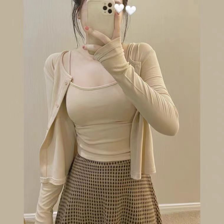 2023秋季新款修身吊带防晒开衫长袖两件套韩版ins风辣妹T恤女上衣