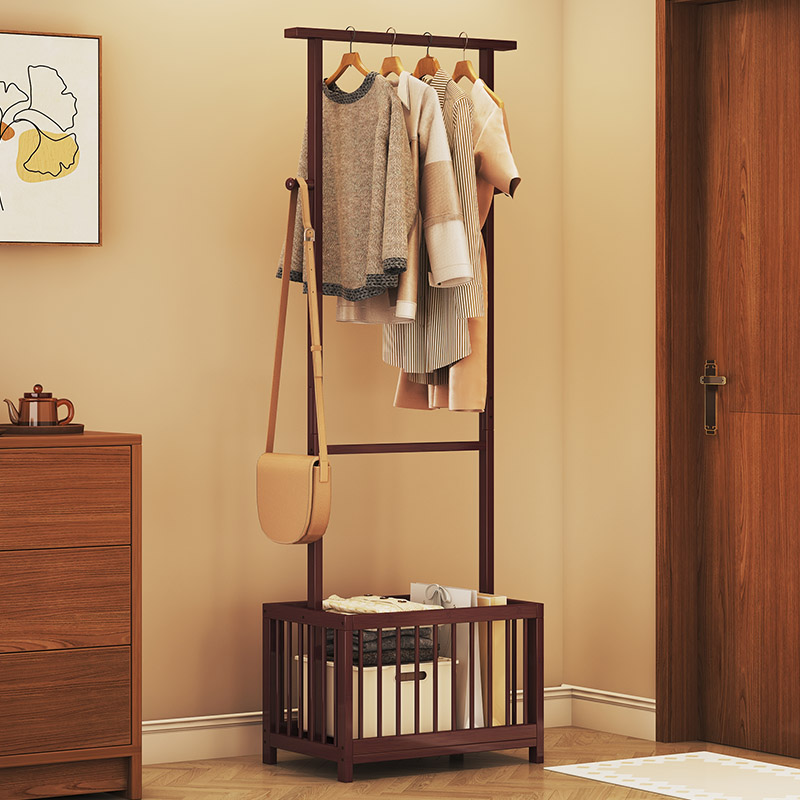 奶油风落地衣帽架家用民宿可移动收纳卧室内简约带脏衣篓篮挂衣架