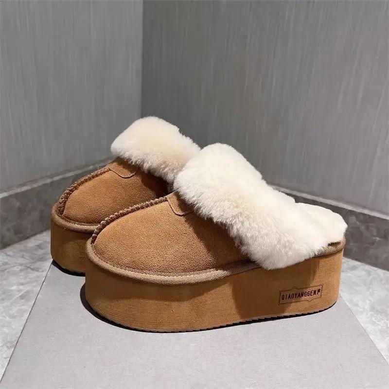 秋冬毛毛鞋包头外穿雪地棉半拖鞋小个子超高跟鞋托女鞋