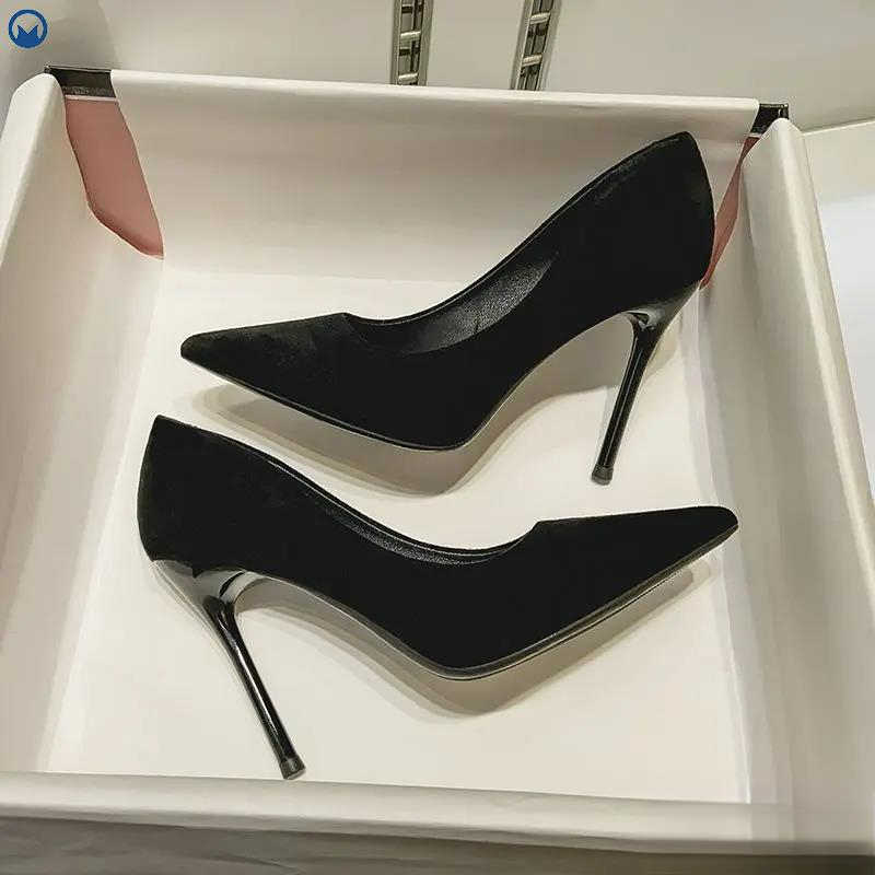 爆款秋季黑色绒面高跟鞋细跟礼仪鞋春秋百搭尖头工作鞋
