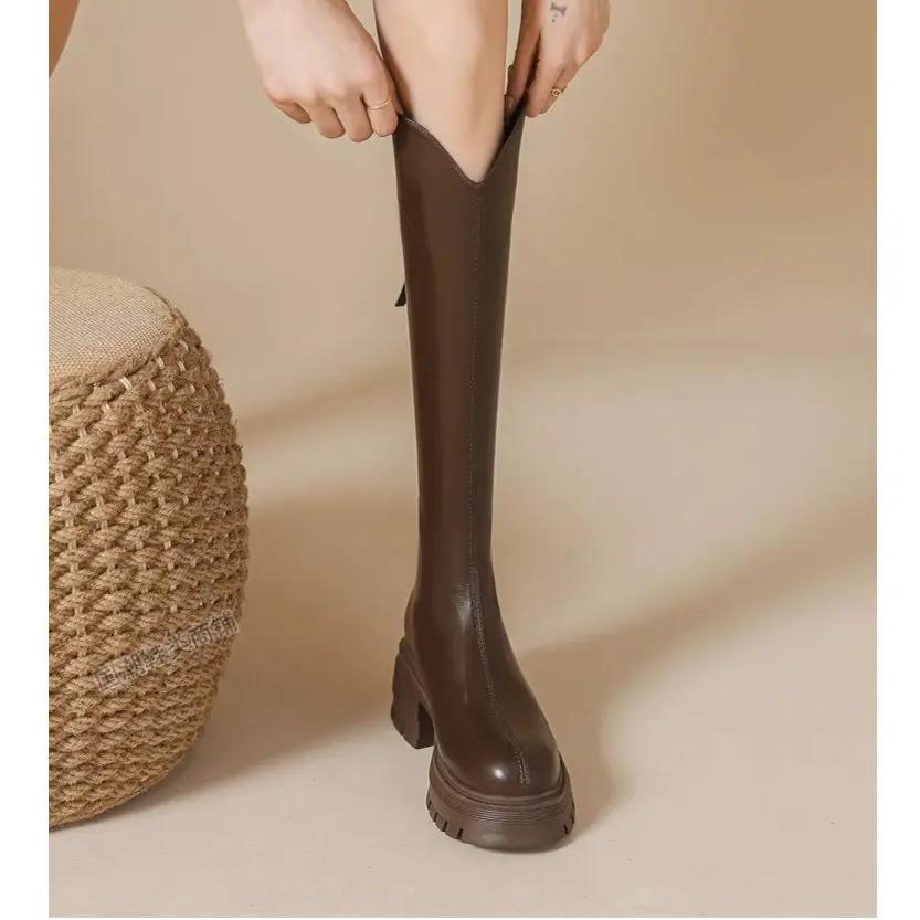 小个子厚底不过膝靴子秋冬加绒长筒靴时尚洋气直筒靴女