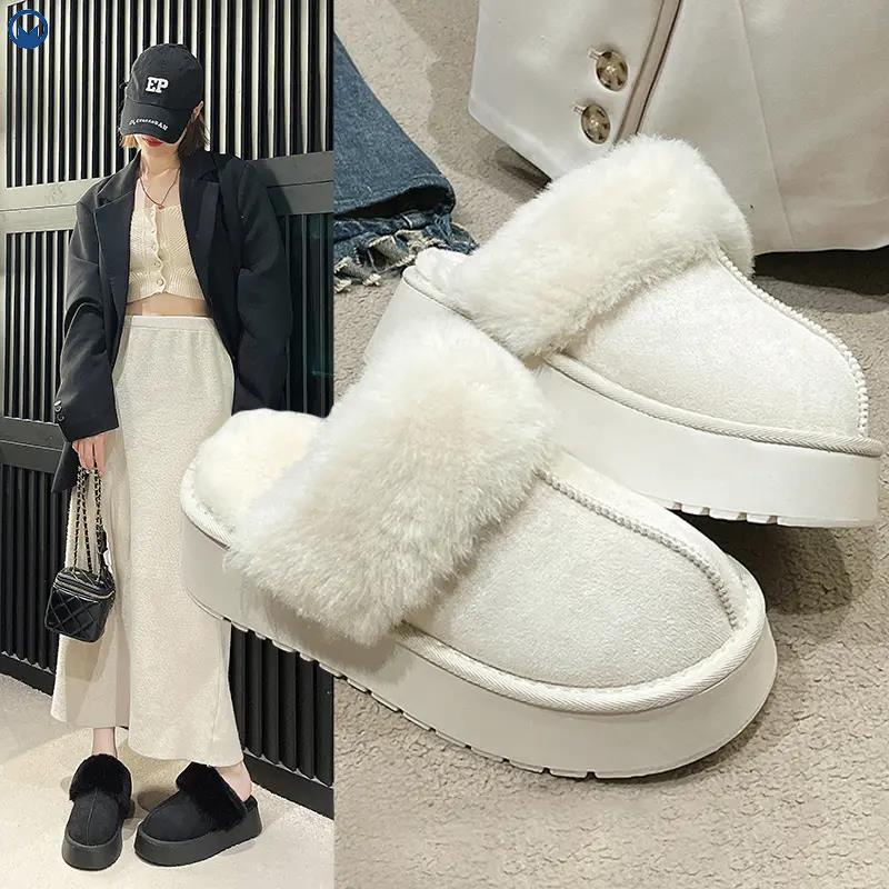 白色毛毛拖鞋女外穿秋冬雪地靴包头半拖厚底办公室家