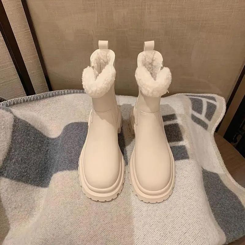 雪地靴女皮毛一体冬季厚底加绒加厚中筒马丁短靴棉鞋