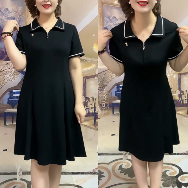 洋气短袖连衣裙女气质翻领收腰显瘦连衣裙7848466