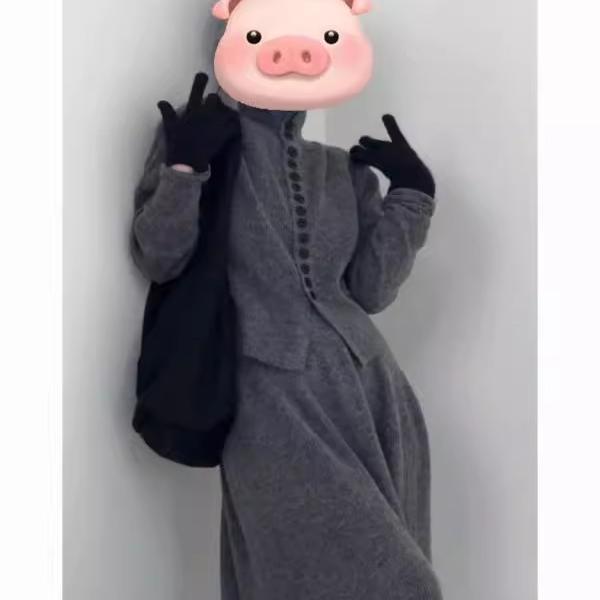高级感秋冬套装女单排扣高领毛衣外套一整套ootd穿搭新款半身裙潮