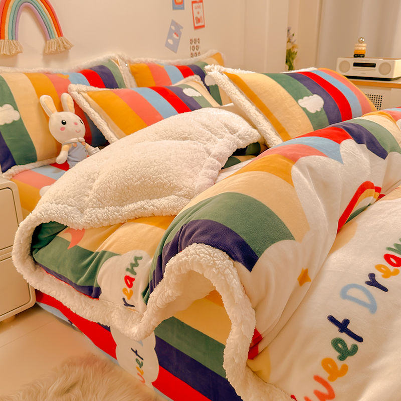 冬季加厚牛奶绒羊羔绒四件套加绒毛绒床单被罩双面绒被套三件套
