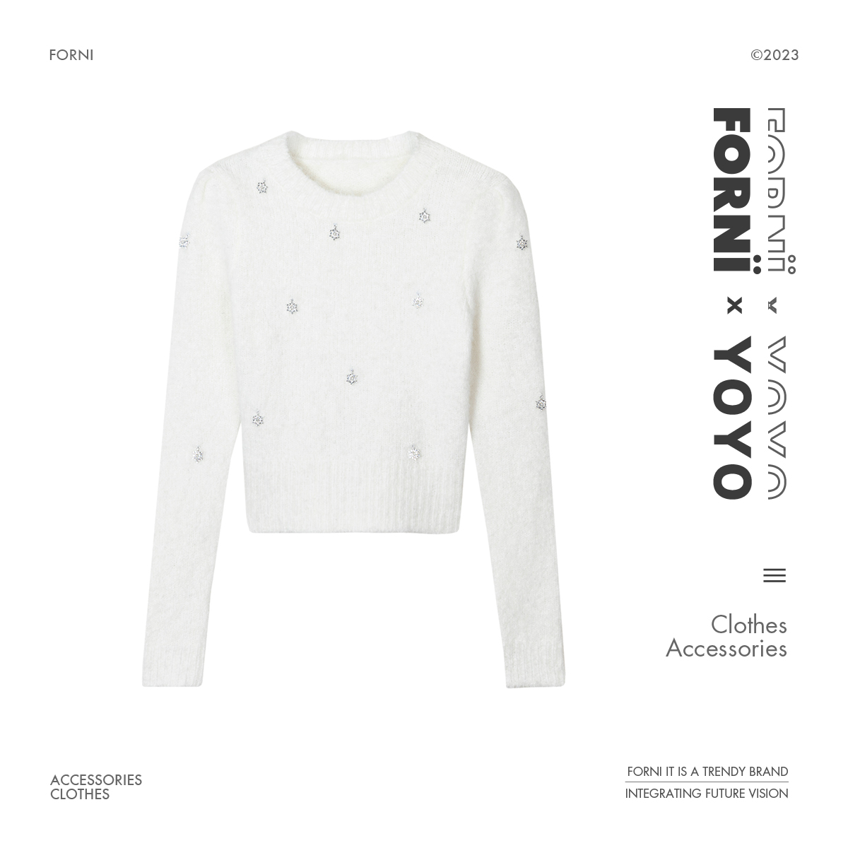 FORNI × YOYO 下雪天 秋冬绵羊毛手工雪花钉珠轻奢雪花圆领毛衣