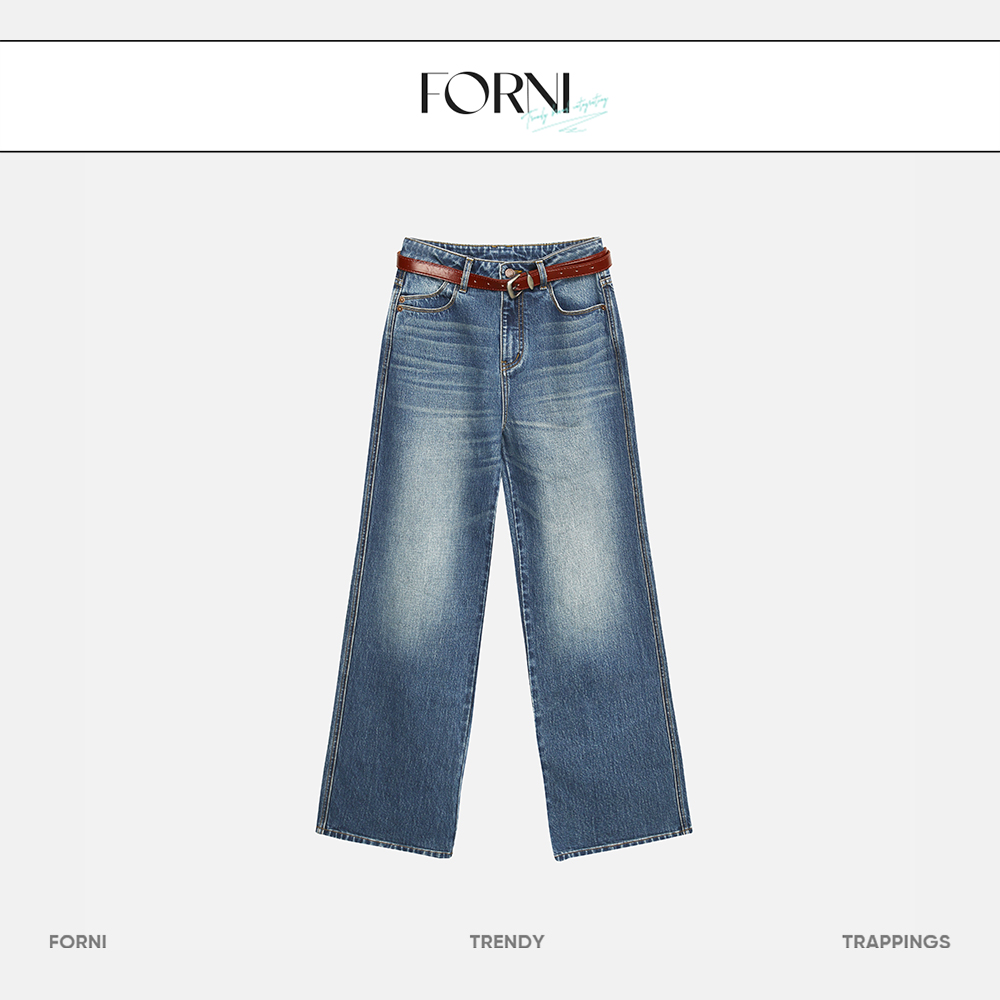 FORNI  好穿到哇塞 腰带磨白牛仔裤直筒休闲复古设计师水洗