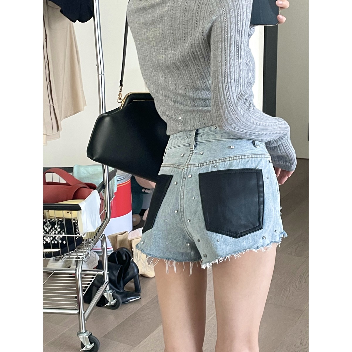 FORNI × YOYO  长腿秘密  拼色毛边牛仔短裤