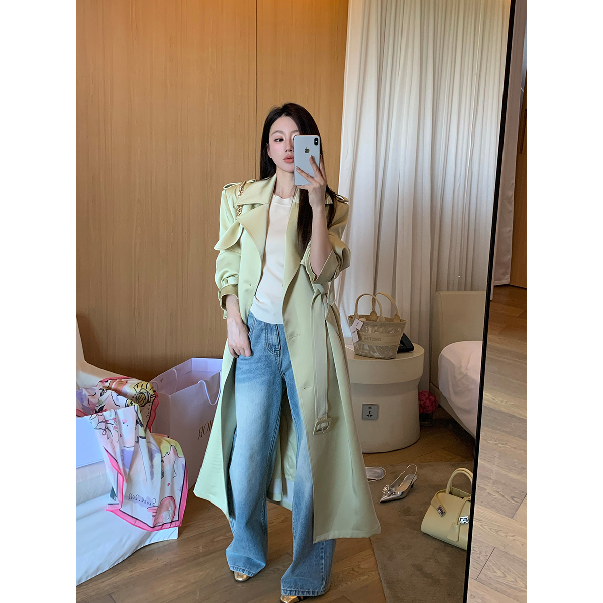 FORNIFORNI  萤火昭昭 气质缎面风衣外套中长款设计师翻领长外套