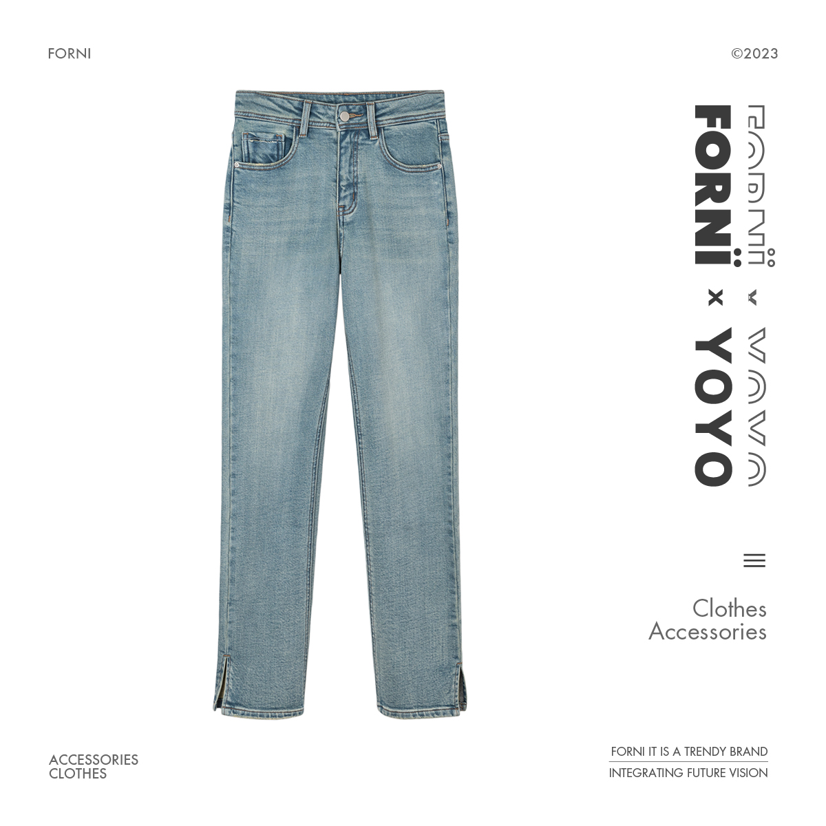 FORNI x YOYO 超模腿精裤 复古水洗脚口开叉设计显瘦牛仔裤