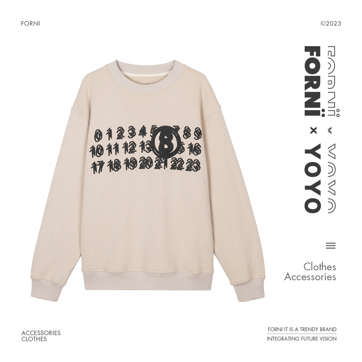 FORNI × YOYO 错位时空 纯棉经典数字印花休闲简约圆领套头卫衣