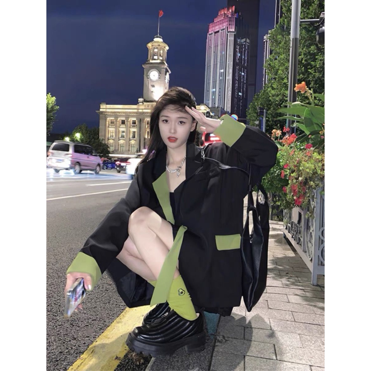 甜酷长袖西装外套女秋季2023新款设计感撞色飘带宽松中长款小西服