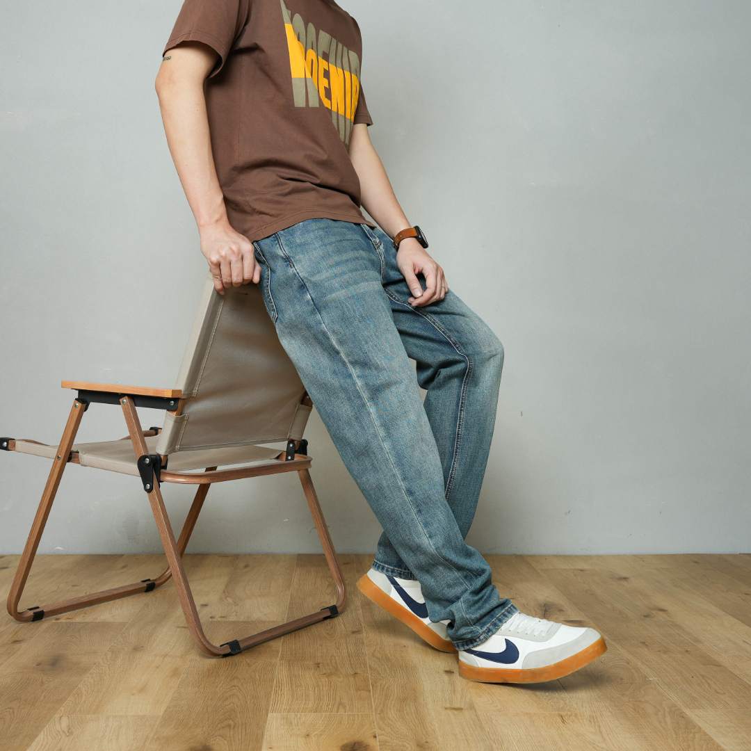 【宽松直筒】春夏新款复古水洗高街潮流百搭垂感男士蓝色牛仔长裤