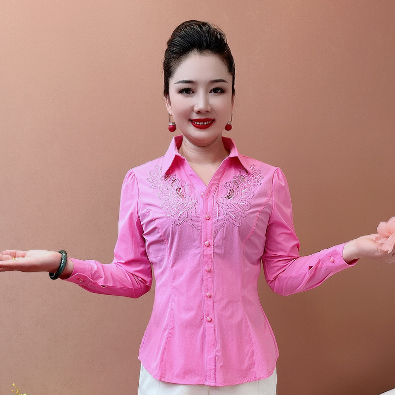 春季新款时尚大码女士衬衫长袖刺绣修身弹力开衫打底衫2908