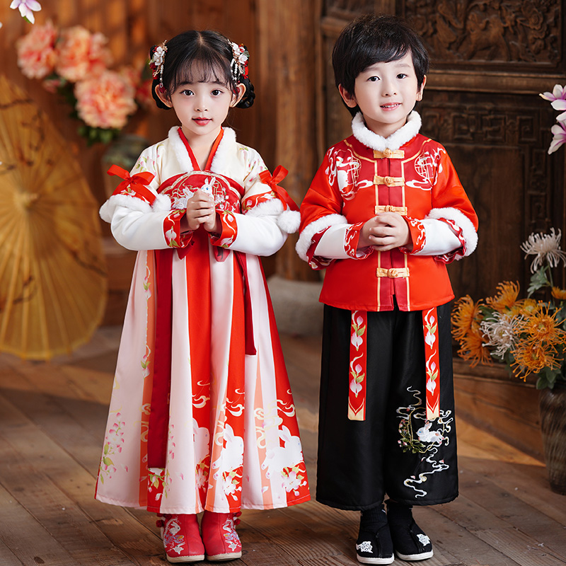 拜年服女童2023新年喜庆衣服套装男童过年冬装汉服儿童元旦唐装冬