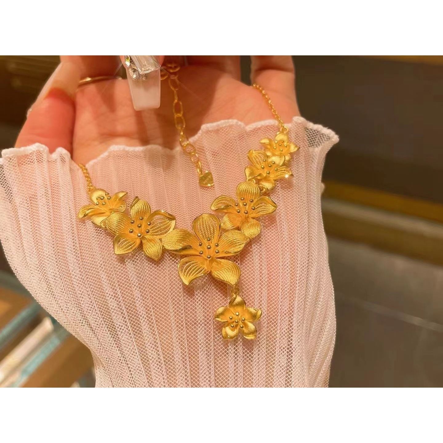 OULLEN 钛钢项链 轻奢金色三生花精美仙女坠链不掉色高级时尚吊坠