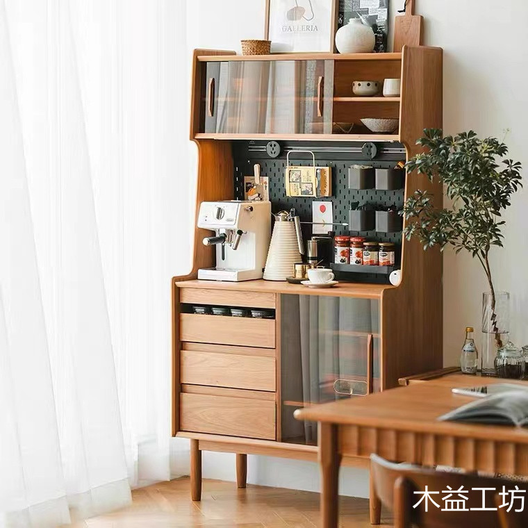 北欧实木茶水柜日式餐边柜多功能洞洞板储物柜客厅一体玄关展示柜