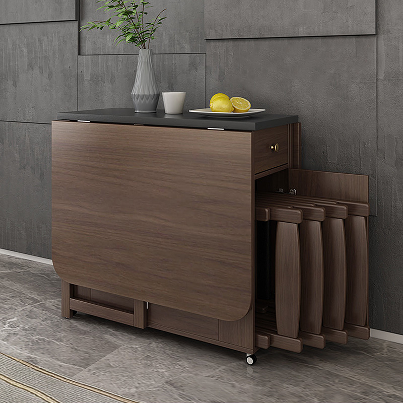 2024新款小户型胡桃色折叠餐桌椅组合现代简约带轮可移动储物桌子