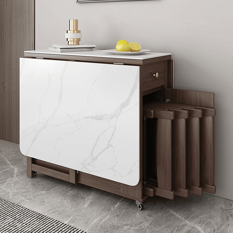 2024新款小户型家用岩板折叠餐桌胡桃色带轮可移动伸缩长方形桌子