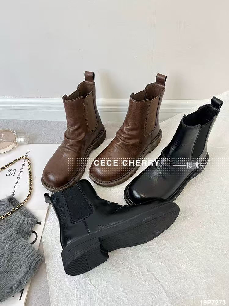 2024秋冬单靴英伦风显瘦爆款圆头厚底烟筒靴7273