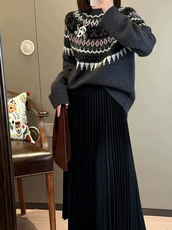 韩版时尚复古花纹针织休闲百搭毛衣显瘦洋气纯羊绒