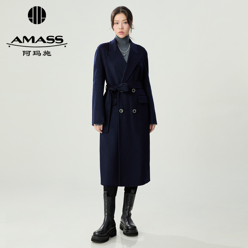 阿玛施AMASS 经典双排扣双面呢大衣气质蓝色纯色毛呢大衣5400860