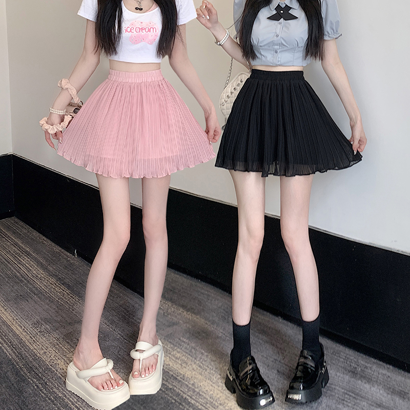 雪纺半身裙女夏季2024年新款松紧高腰百褶裙显瘦蓬蓬短裙蓬女短裙