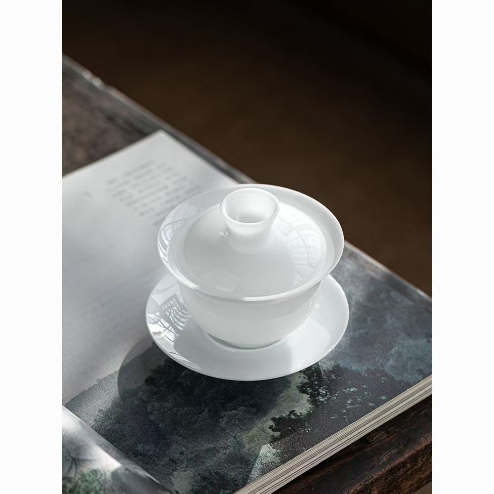 冰种玉瓷纯白80ml防烫三才茶盖碗