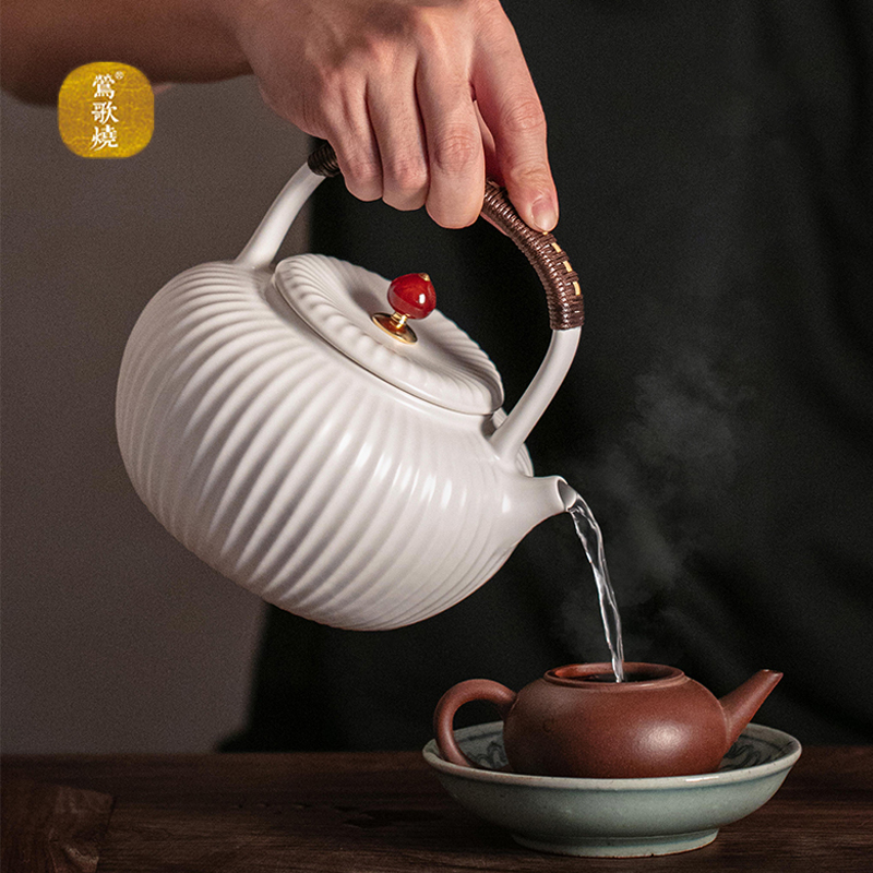 莺歌烧雪花釉菱瓣陶壶家用提梁防烫烧水煮茶壶耐热陶泥电陶炉专用