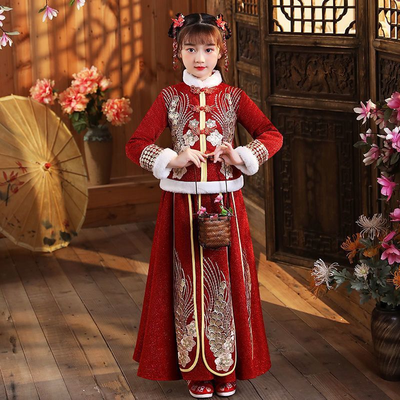 新品巴拉巴拉女童汉服冬款拜年服女宝中国风2023新款古装过年冬季