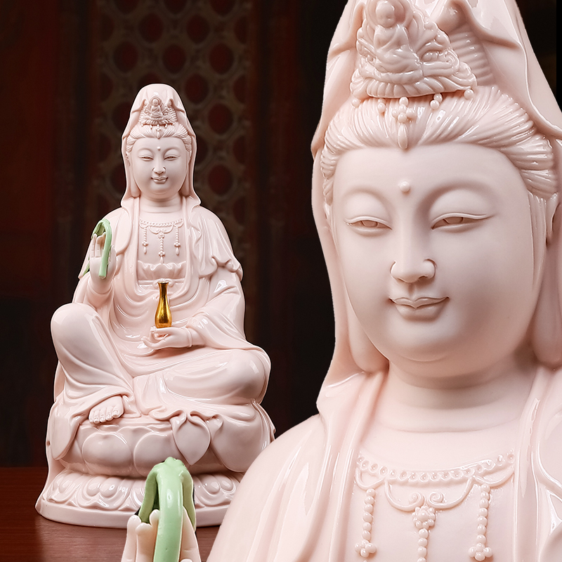 戴玉堂陶瓷《12寸坐莲观/音》玉红瓷家用桌面摆件 装饰工艺品