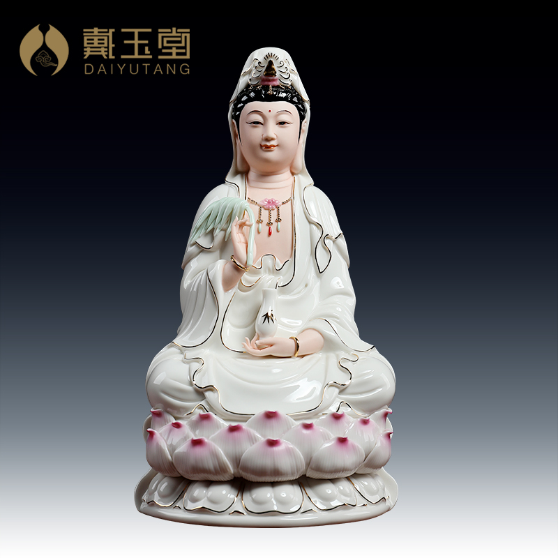 戴玉堂德化白瓷南海观音桌面摆件坐莲客厅家用观音装饰描金彩