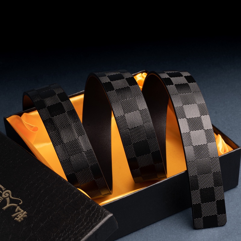 自动扣3.5牛皮轻奢时尚经典爆款男士腰带格子黑色格纹真皮通用