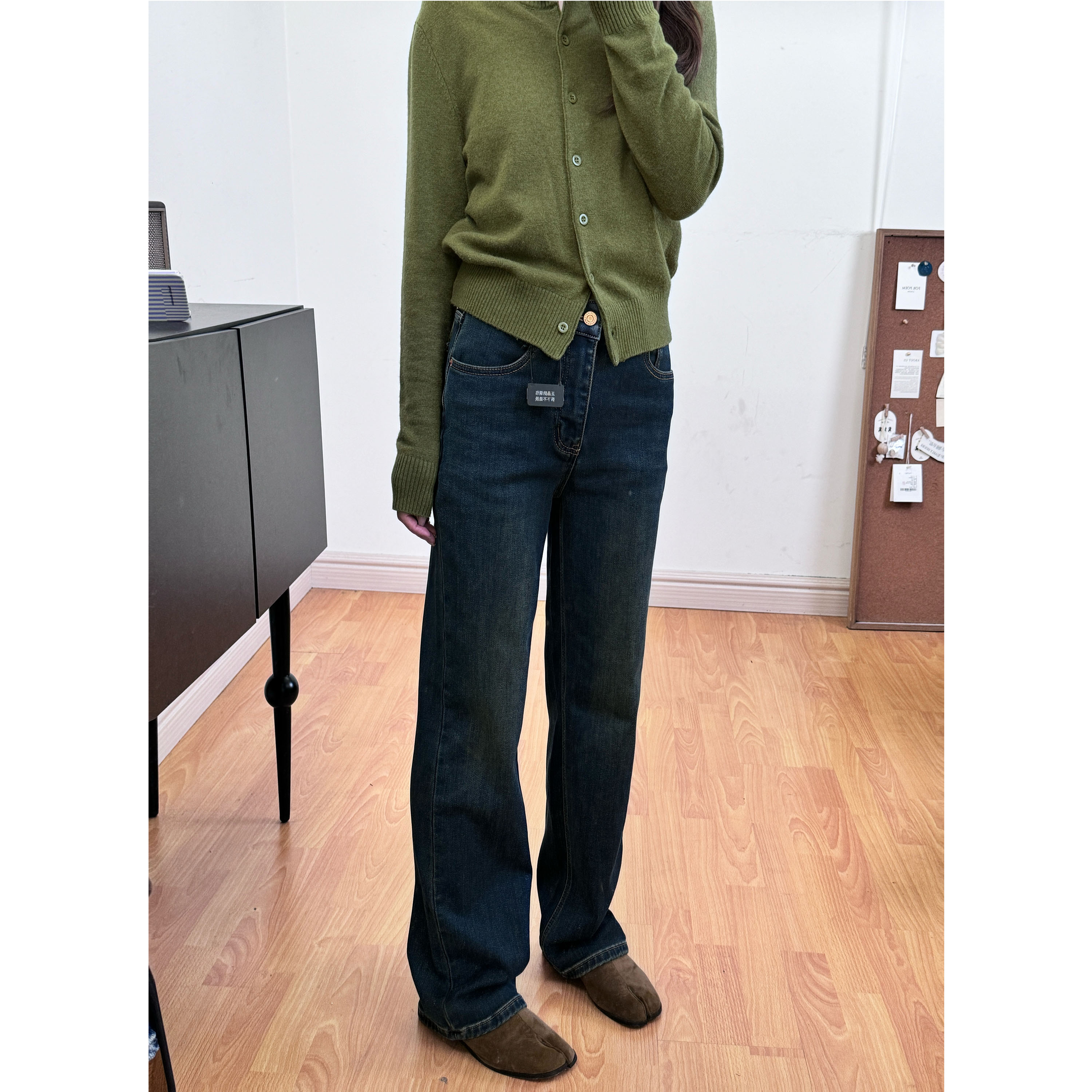 【花样年华】弹力舒适薄绒直筒裤复古纳米水洗秋冬窄版阔腿牛仔裤