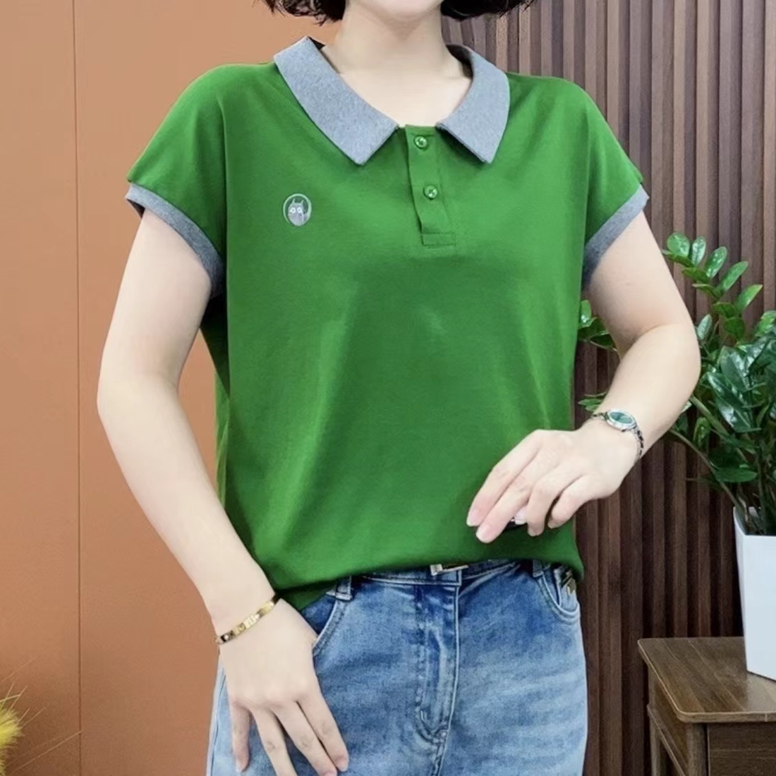 夏季新款女士上衣宽松显瘦打底减龄打底短袖小衫时尚休闲百搭撞色