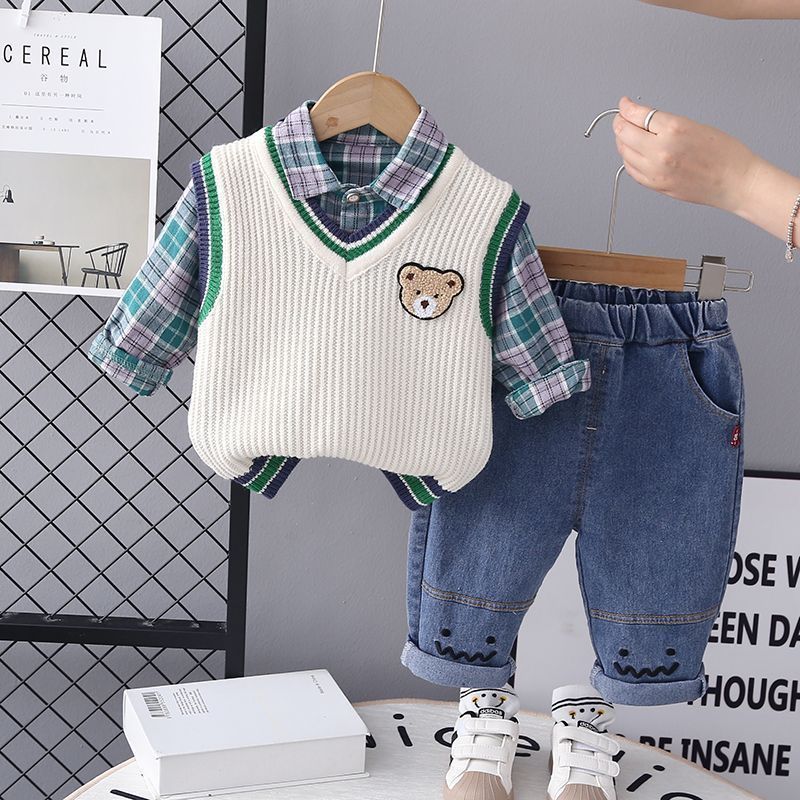 【AW】男童秋装套装新款帅气婴儿童装春秋季男宝宝洋气毛衣马甲三
