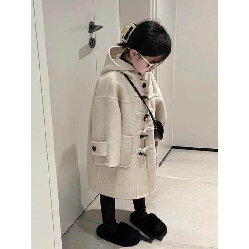 【AW】韩国童装2023秋冬新款牛角扣呢大衣女宝宝洋气加厚连帽毛呢