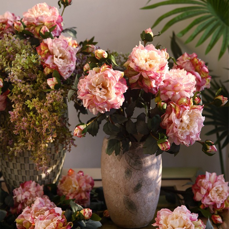 仿真油画牡丹欧式复古牡丹焦边牡丹家居装饰仿真花假花花艺摆件 