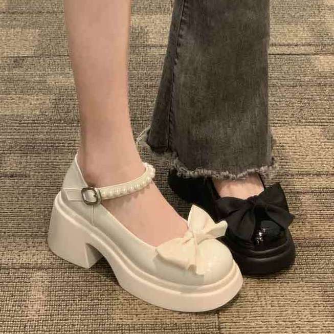 高跟厚底玛丽珍鞋女2023春新款时尚甜美蝴蝶结复古粗跟珍珠小皮鞋