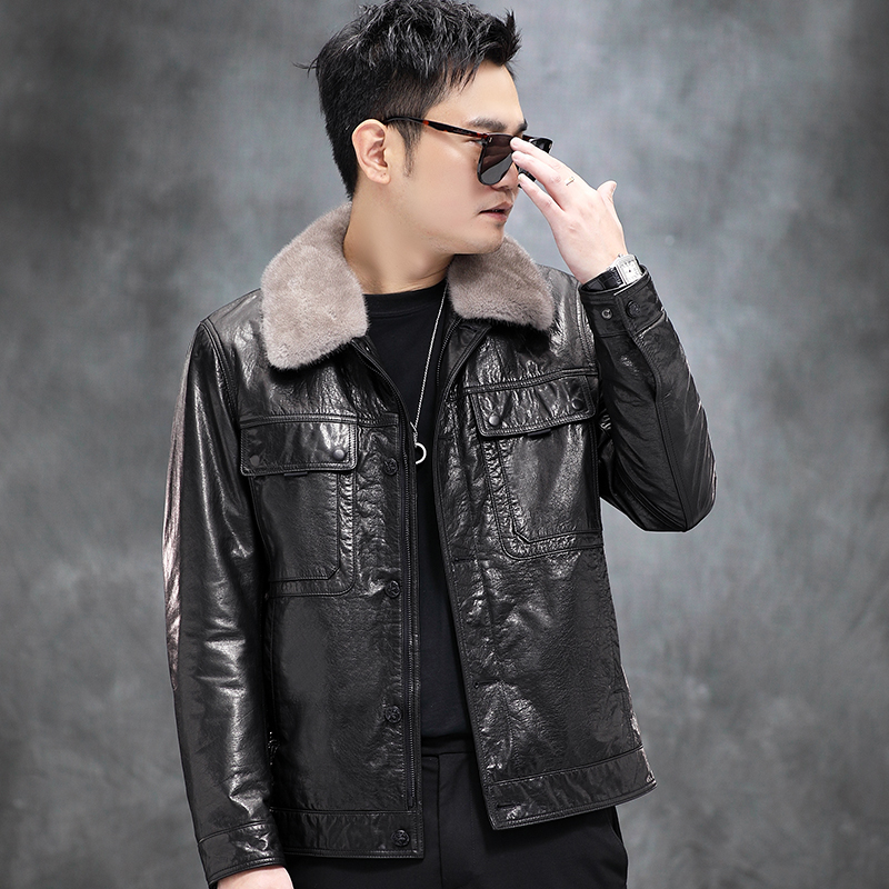 babibao/巴比豹【2259-SD厚】海宁冬新款真皮牛皮桑蚕丝内胆貂毛领