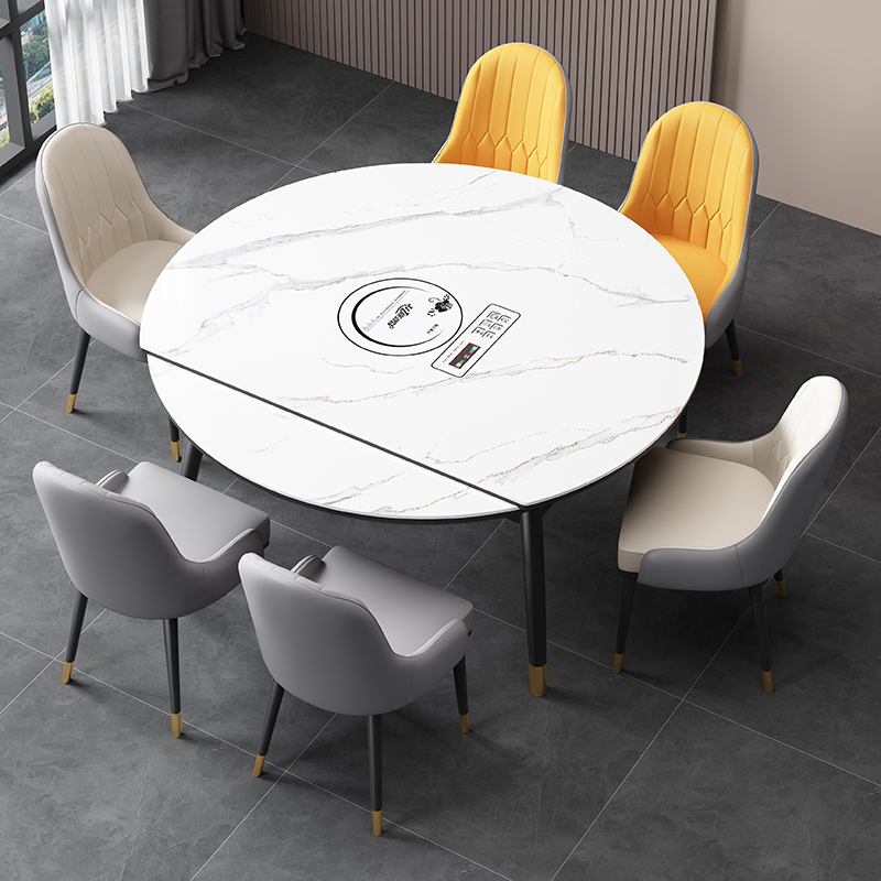 现代简约实木岩板餐桌可变圆桌小户型家用伸缩餐桌椅组合轻奢饭桌