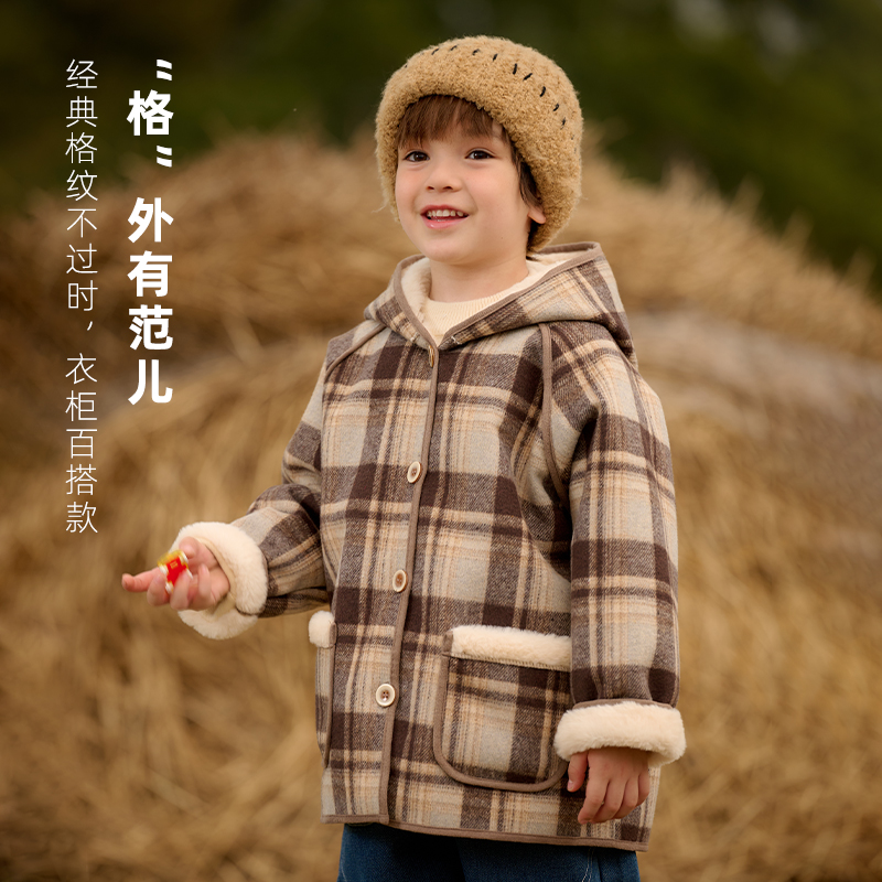 棉花堂冬季新款儿童连帽格子外套保暖韩版男孩女孩大衣F242209